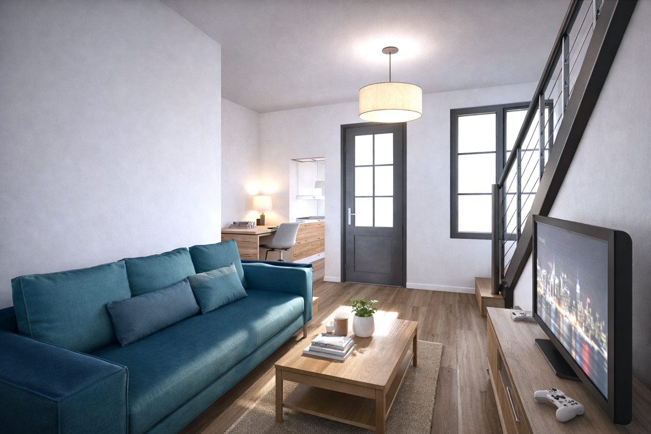 Vue pièce principale Type 2 duplex de 35 m2 avec terrasse dans résidence les Pierres du Centre pour investir ou habiter dans quartier des halles sur Tours Centre